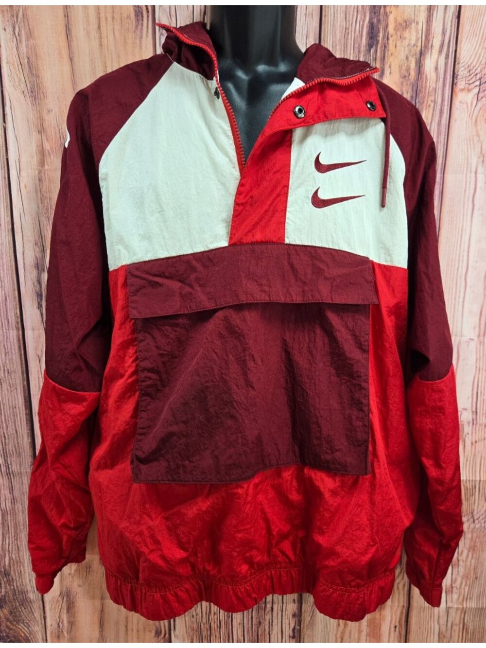 Nike Windbreaker Jacket Large Red White Color Block Mesh Lined Hooded
